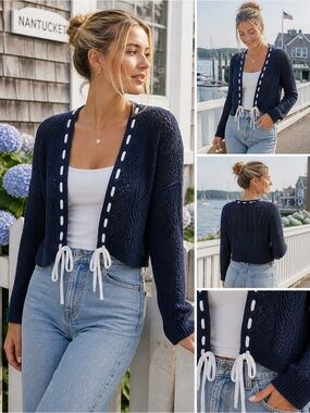Hollister Navy Cable Knit Cardigan White Tie Front Open Knit Sweater Small